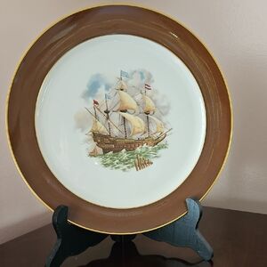 Vintage Ship Design Plate in Brown and White